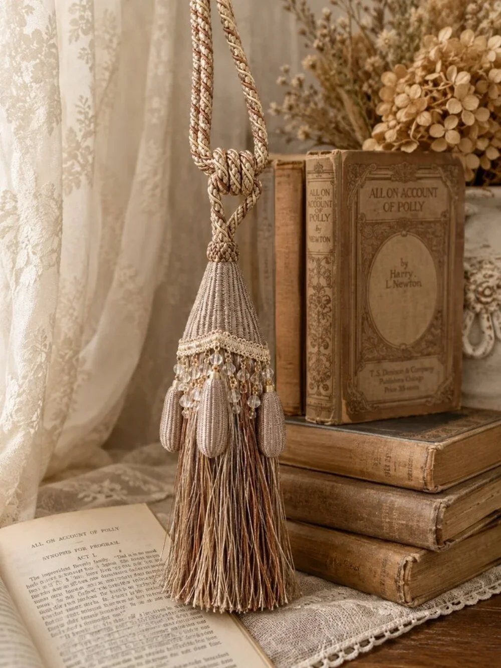 Decorative Beaded Curtain Tieback 26 Inch Taupe Champagne Tassel Drapery Holdbac